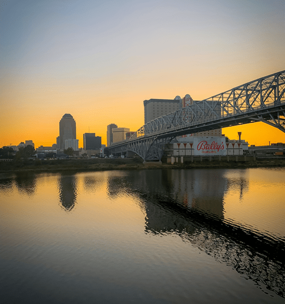 Sunset view of Shreveport from across the river in Bossier City at the river front Boardwalk.